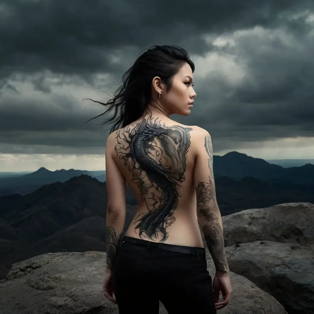 A detailed black dragon tattoo winds down the back, surrounded by smoky, ethereal patterns, symbolizing strength and mystery.