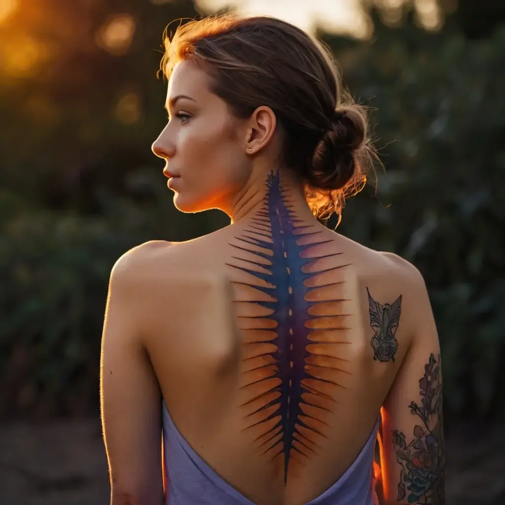 A vibrant, abstract spine tattoo in hues of purple and orange spans the back, flanked by tribal and floral designs.