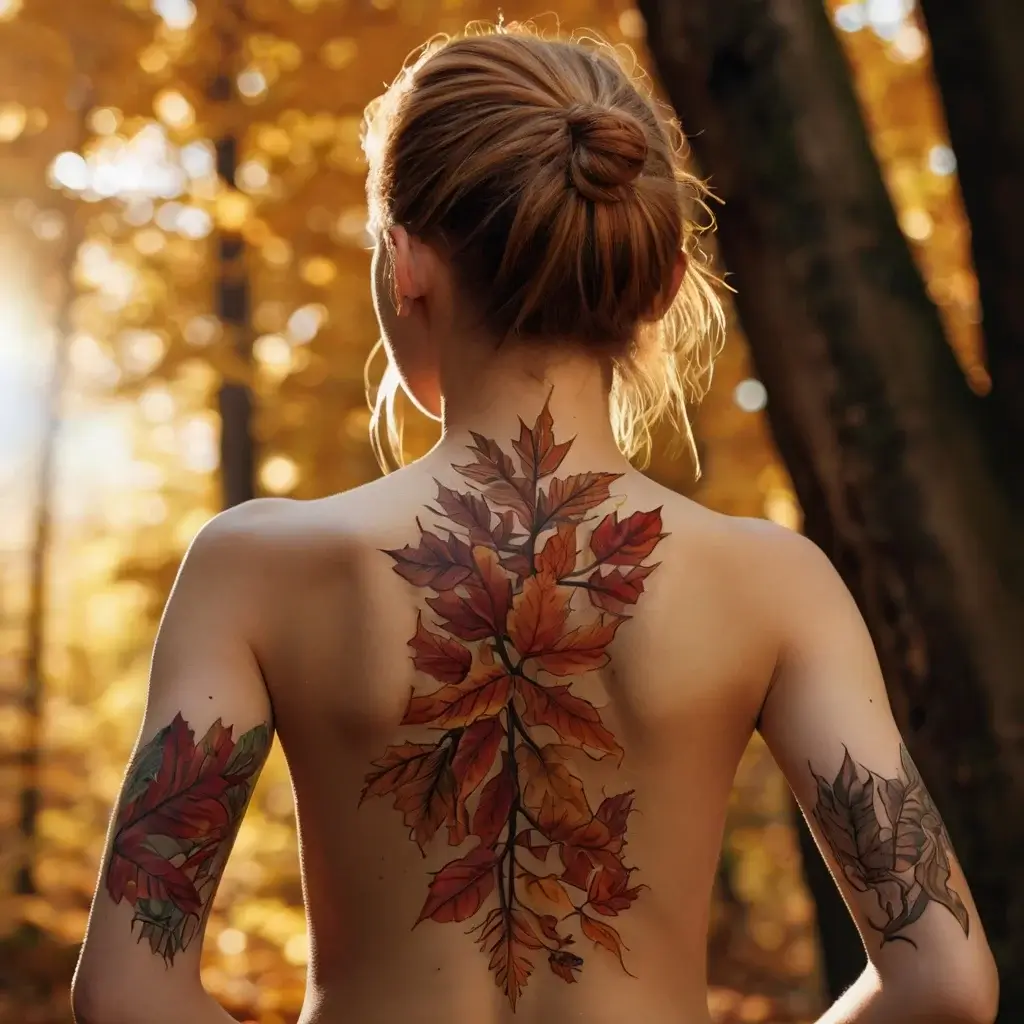 Intricate fall leaves tattoo spanning the back and shoulders, featuring vivid autumn hues of red, orange, and brown.