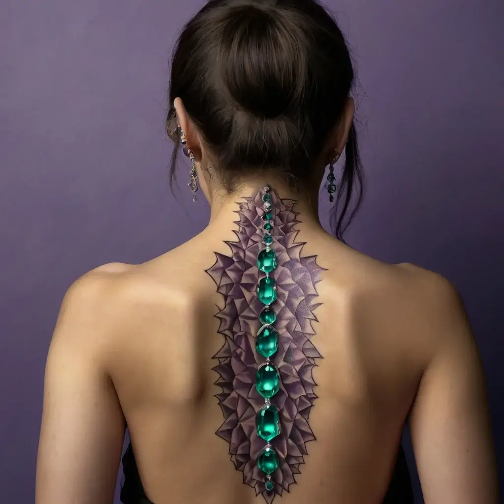 Tattoo of green gems down the spine with a purple geometric pattern, creating a striking 3D effect on the wearer’s back.