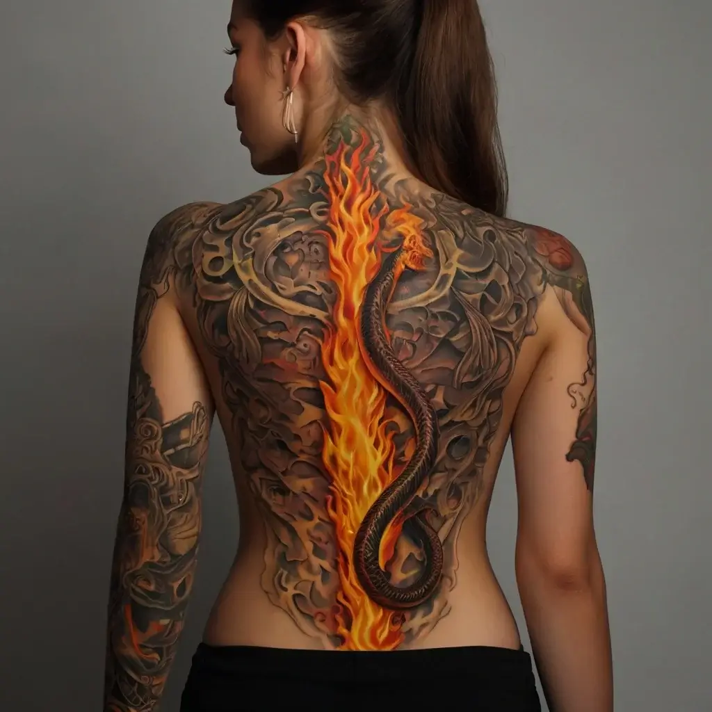 A fiery serpent tattoo winds along a vibrant flame, set against intricate black and grey floral patterns on a woman's back.