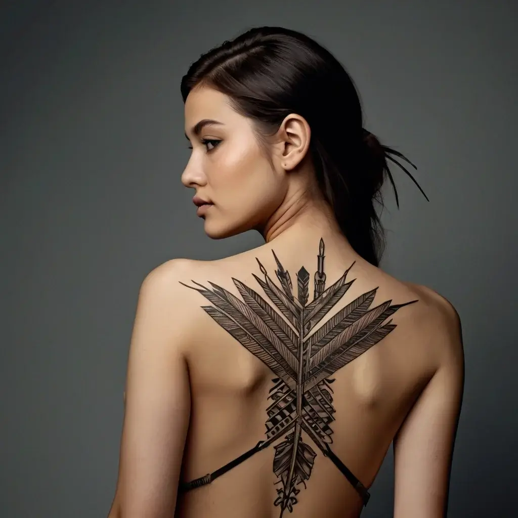 Tattoo of overlapping arrows and feathers, elegantly arranged down the spine, symbolizing direction and strength.