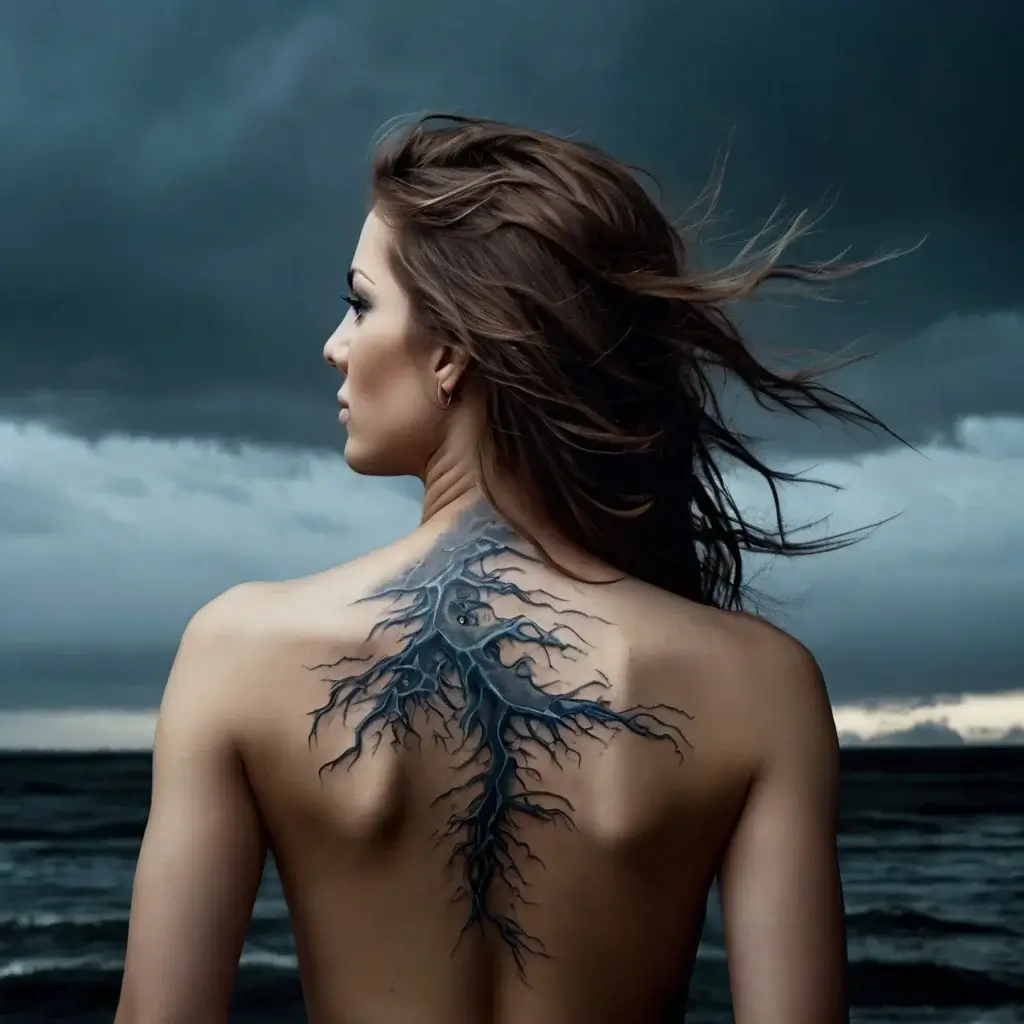 Tattoo of a tree with roots and branches spread across the upper back, blending natural elements and subtle shading.