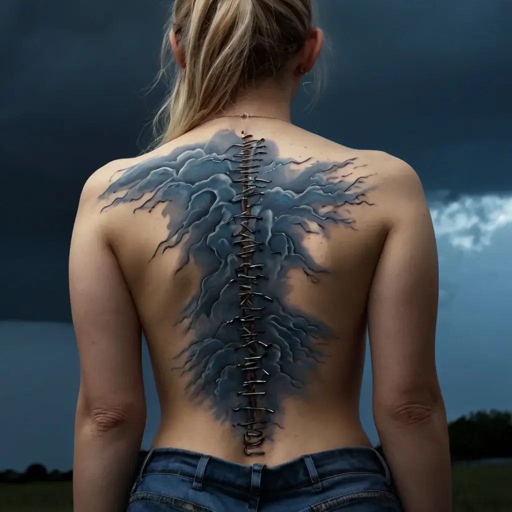 A back tattoo of a 3D spine with stormy clouds branching out, creating an illusion of a surreal stitched seam.