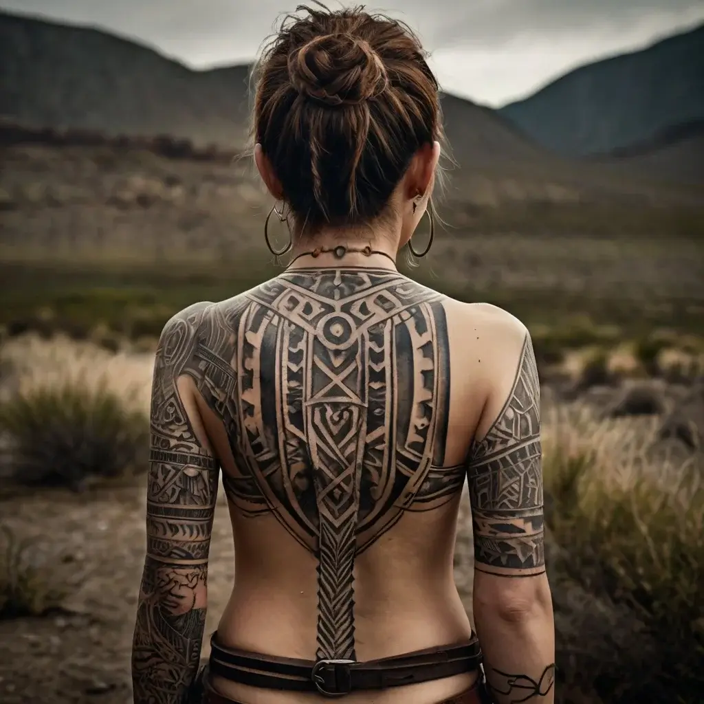 Geometric tribal back tattoo featuring intricate symmetrical patterns and bold lines extending to the arms.