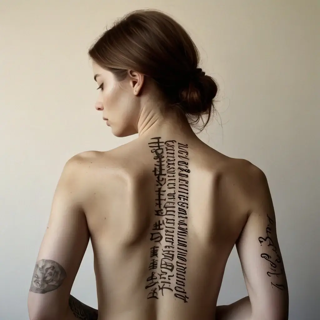 A woman with a vertical script tattoo down her spine, featuring intricate, bold black calligraphy.