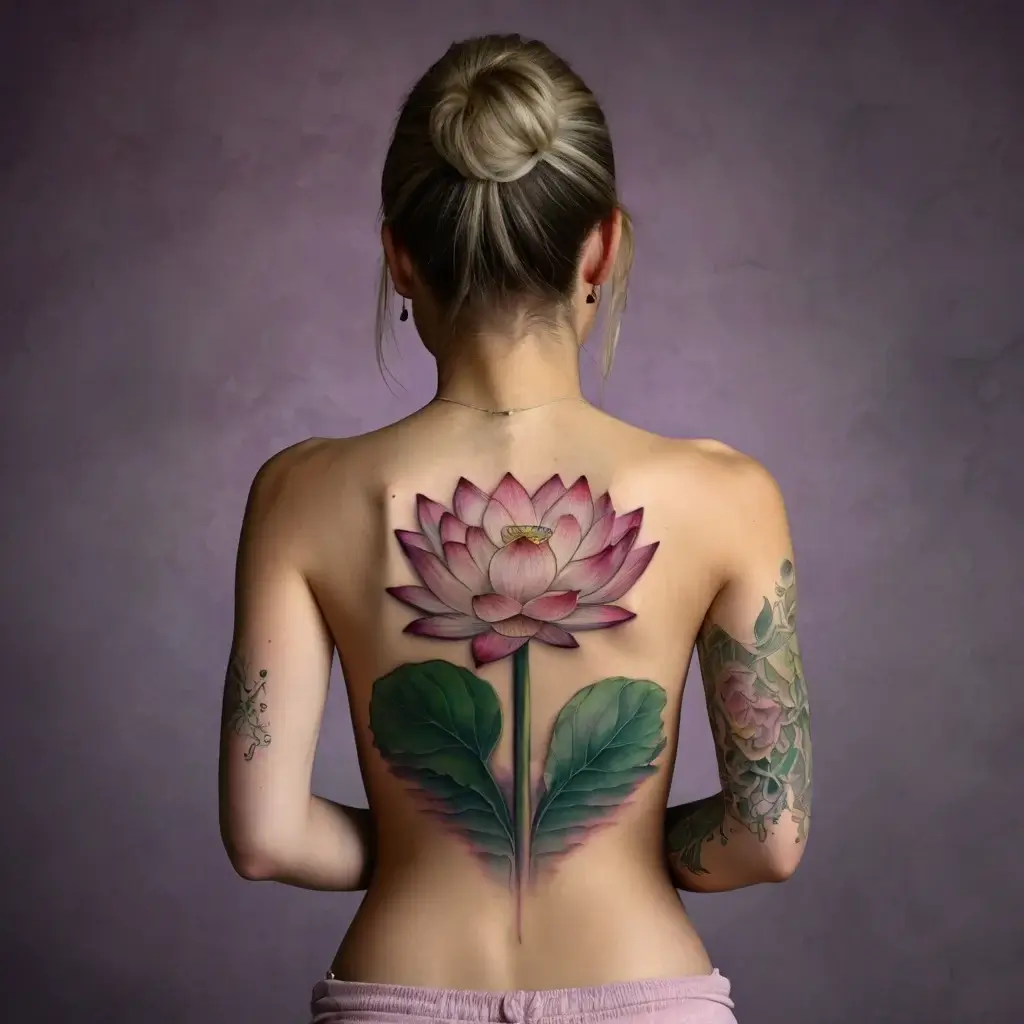 Tattoo of a vibrant pink lotus covering the back, with green leaves, symbolizing purity and beauty.