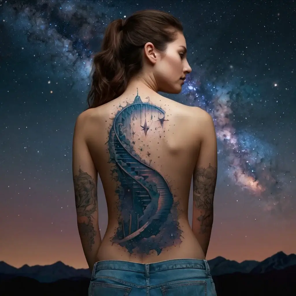 Woman with a tattoo of a cosmic spiral staircase on her back, blending into a starry night sky.