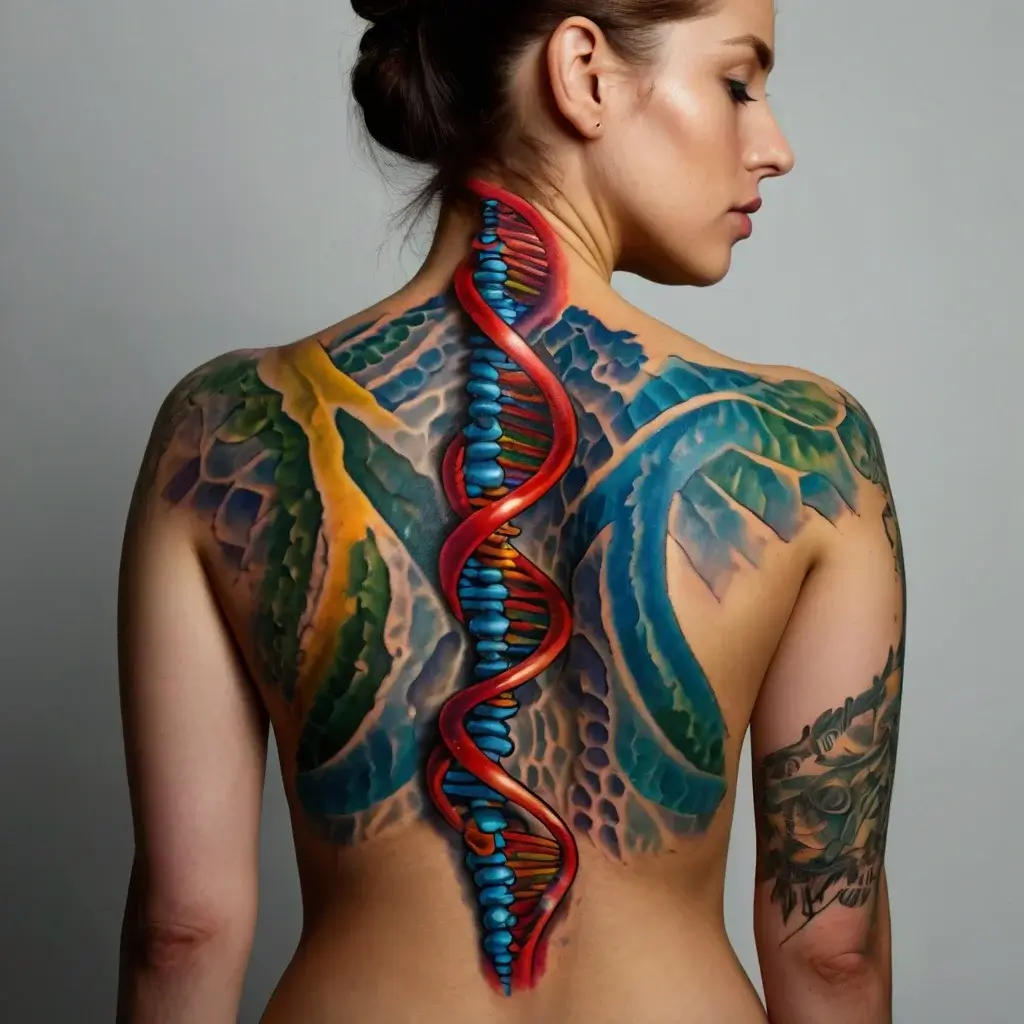 Tattoo of vibrant DNA helix in red and blue, branching out into colorful organic shapes across the back.