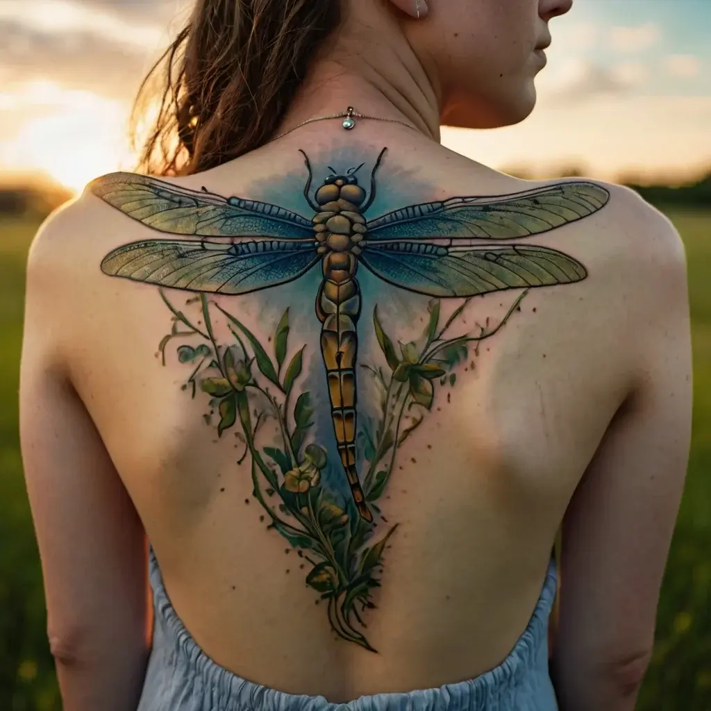 A detailed dragonfly tattoo spans the upper back, featuring vibrant wings and entwined greenery for a naturalistic effect.