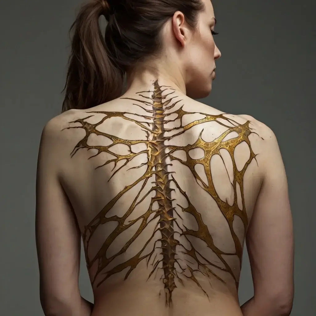 Intricate back tattoo resembling a stylized spine with branching structures, creating a detailed organic, skeletal appearance.