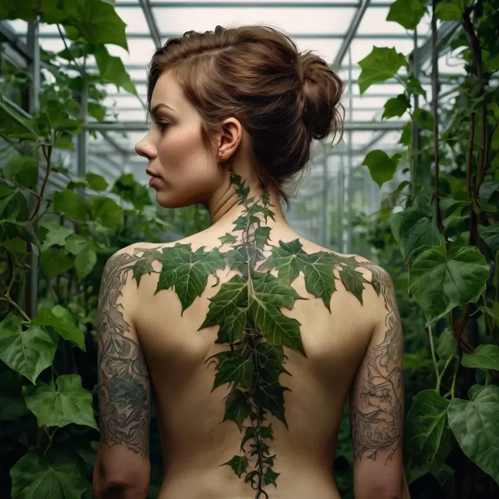 Intricate ivy tattoo spans spine and wraps shoulders, blending with nature. Detailed leaves evoke organic elegance.