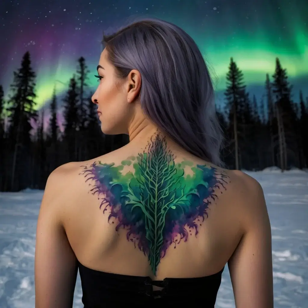 A vibrant tattoo on a woman's back depicting a tree with colorful, swirling aurora-like patterns in green and purple hues.