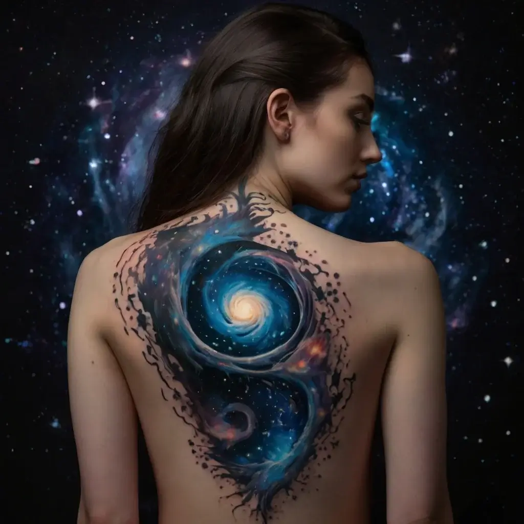 Tattoo of swirling galaxy in celestial hues covers back, blending cosmic imagery with ethereal swirls and stars.