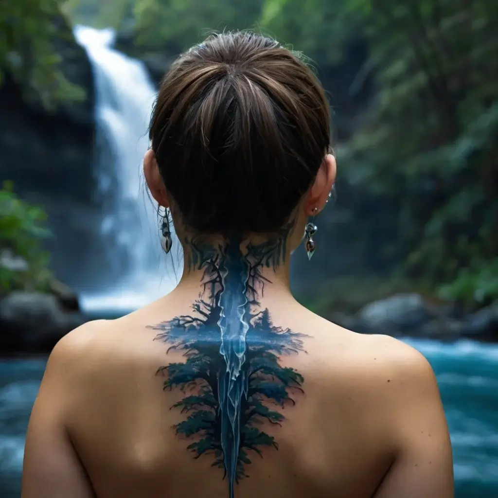 A waterfall tattoo flows down the neck and back, integrating with tree branches, symbolizing nature's harmony and strength.