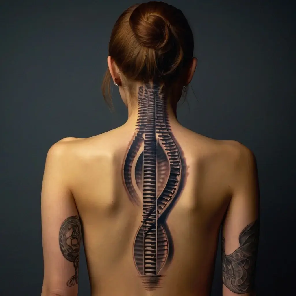 Tattoo of a realistic zipper running down the spine, symbolizing transformation and connection on the wearer’s back.