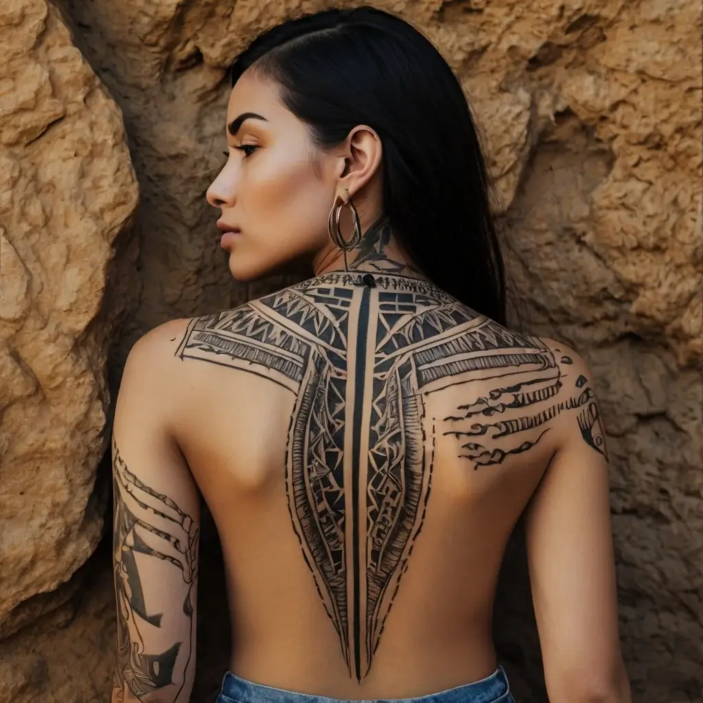 Intricate Polynesian-inspired tattoo covers the upper back and arms, featuring geometric patterns and cultural symbols.