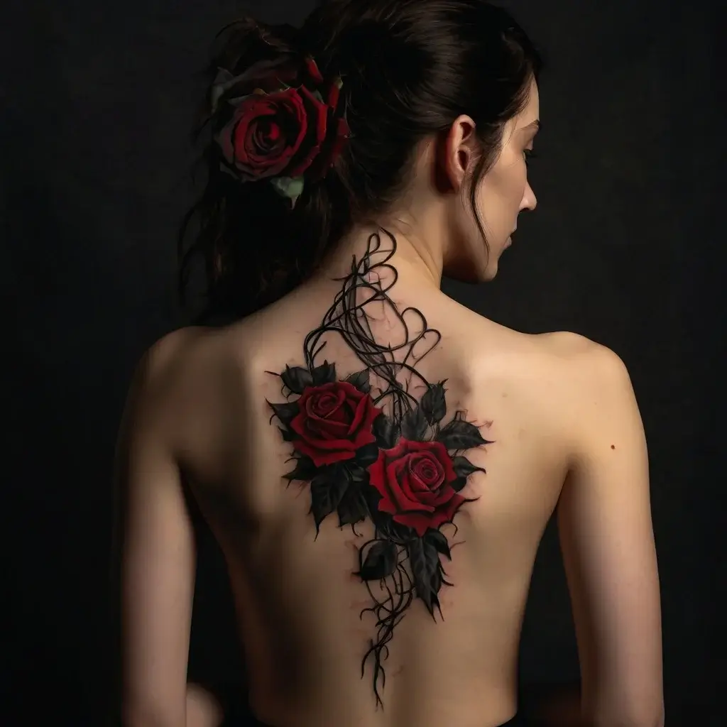 Tattoo of two vivid red roses with dark leaves and intricate thorns, flowing elegantly down the woman’s upper back.