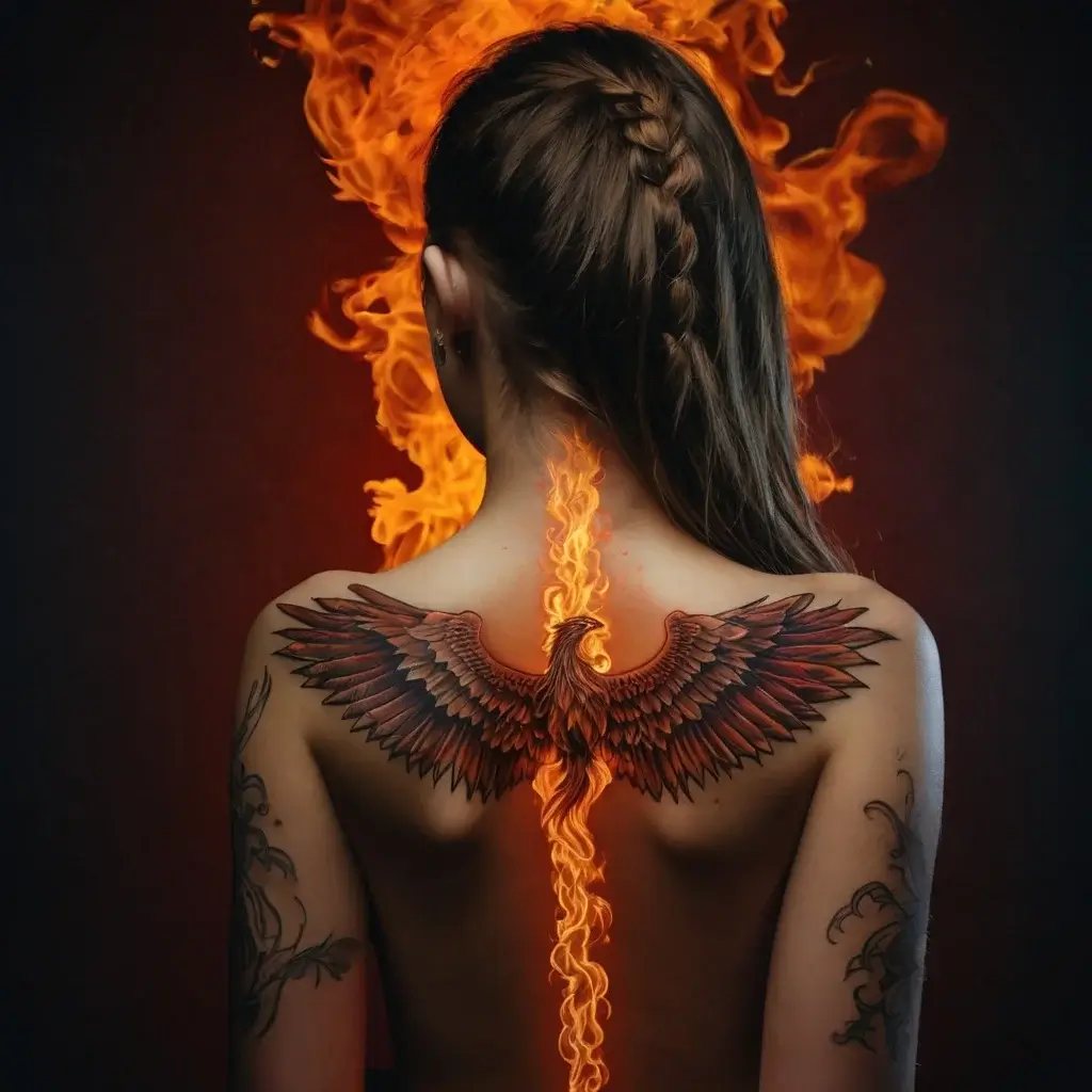 A fiery phoenix tattoo spans a woman's back, with intricate wings and flaming tail along the spine, symbolizing rebirth and strength.