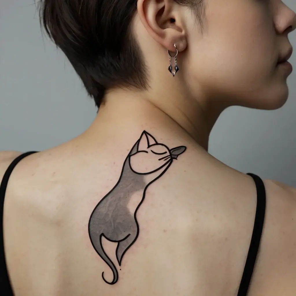 Minimalist tattoo of a cat in bold lines on the upper back, displaying a graceful, stretching pose with subtle shading.