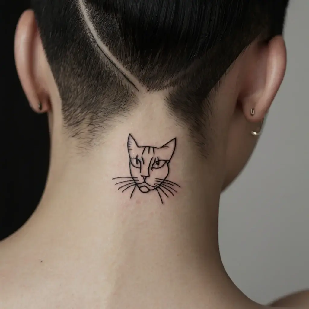 Line art cat tattoo on nape, featuring minimalistic design with sharp whiskers and detailing, symbolizing elegance.