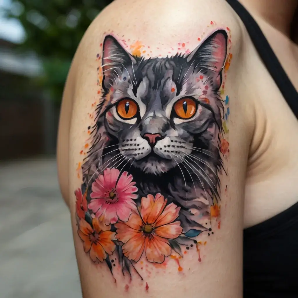 A realistic grey cat tattoo with vivid orange eyes, surrounded by pink and orange watercolor-style flowers on the shoulder.