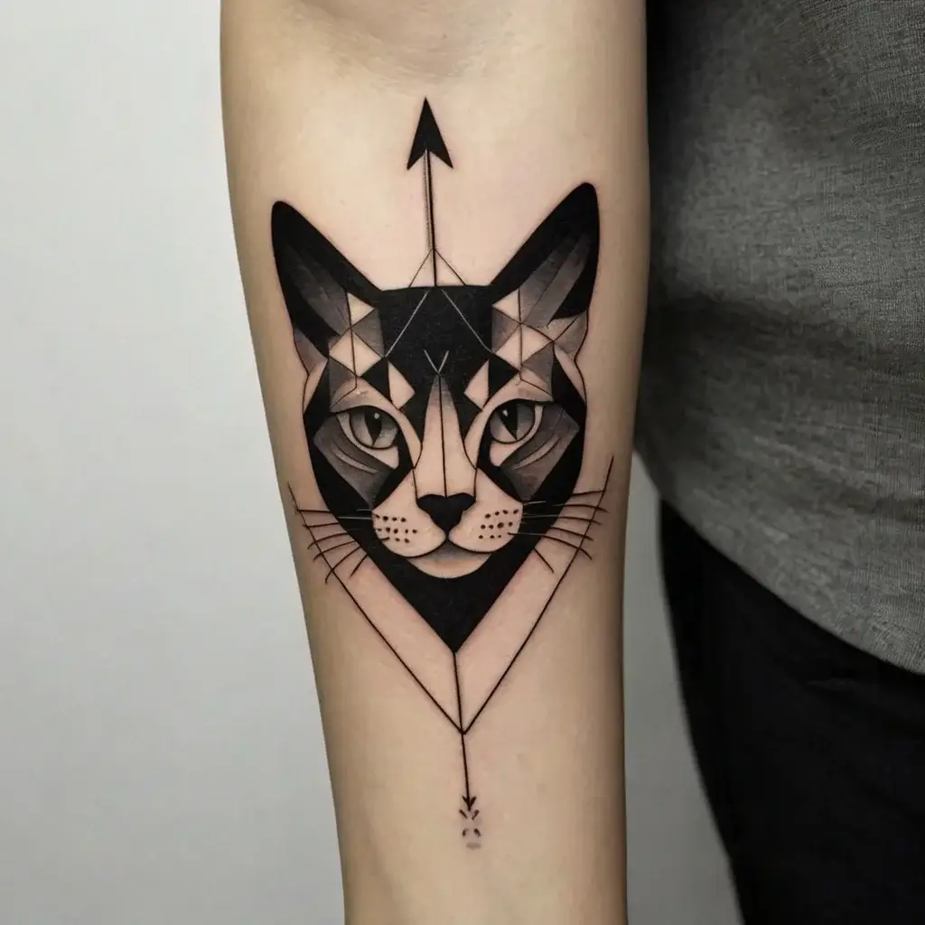 Geometric cat face tattoo with bold black lines and shading, featuring an arrow design above and below on forearm.