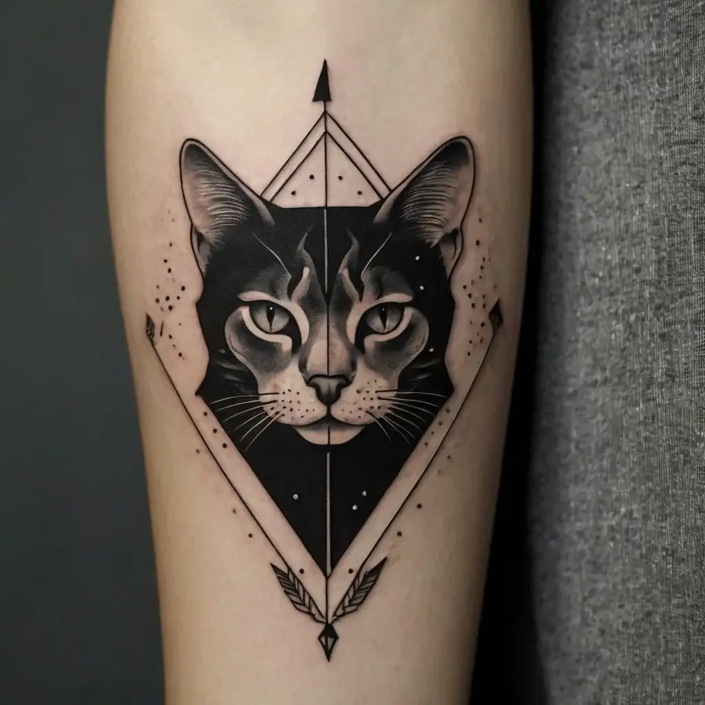 Geometric tattoo of a cat's face, split symmetrically, framed by arrows and dotted details for a modern look.