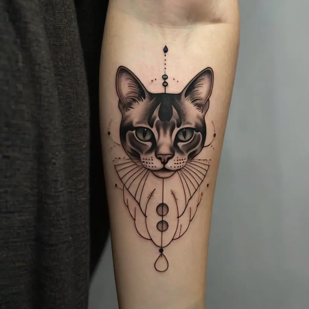 Tattoo of a cat's face with geometric patterns, featuring lines, circles, and dots for a mystical and modern look.