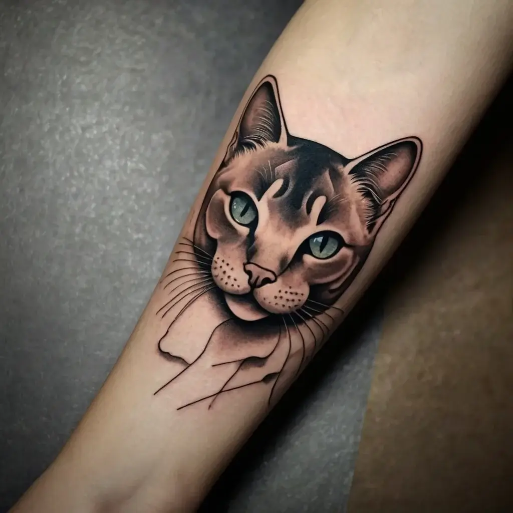 Realistic cat portrait tattoo on forearm; detailed shading and vibrant eyes create a lifelike, expressive feline appearance.