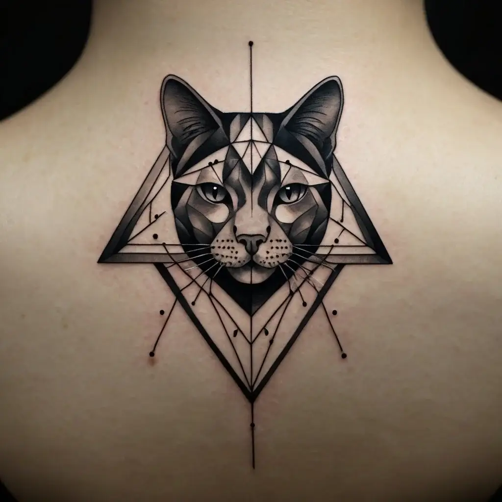 Geometric cat tattoo with abstract facets, combining intricate lines and shapes for a modern, symmetrical design.