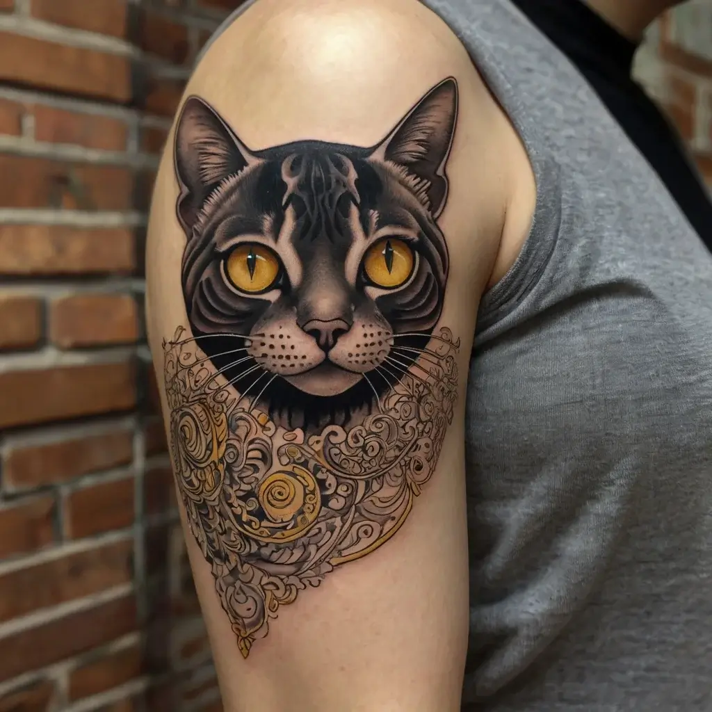 Tattoo of a realistic cat's face with striking yellow eyes, detailed filigree patterns below in black and gold hues.