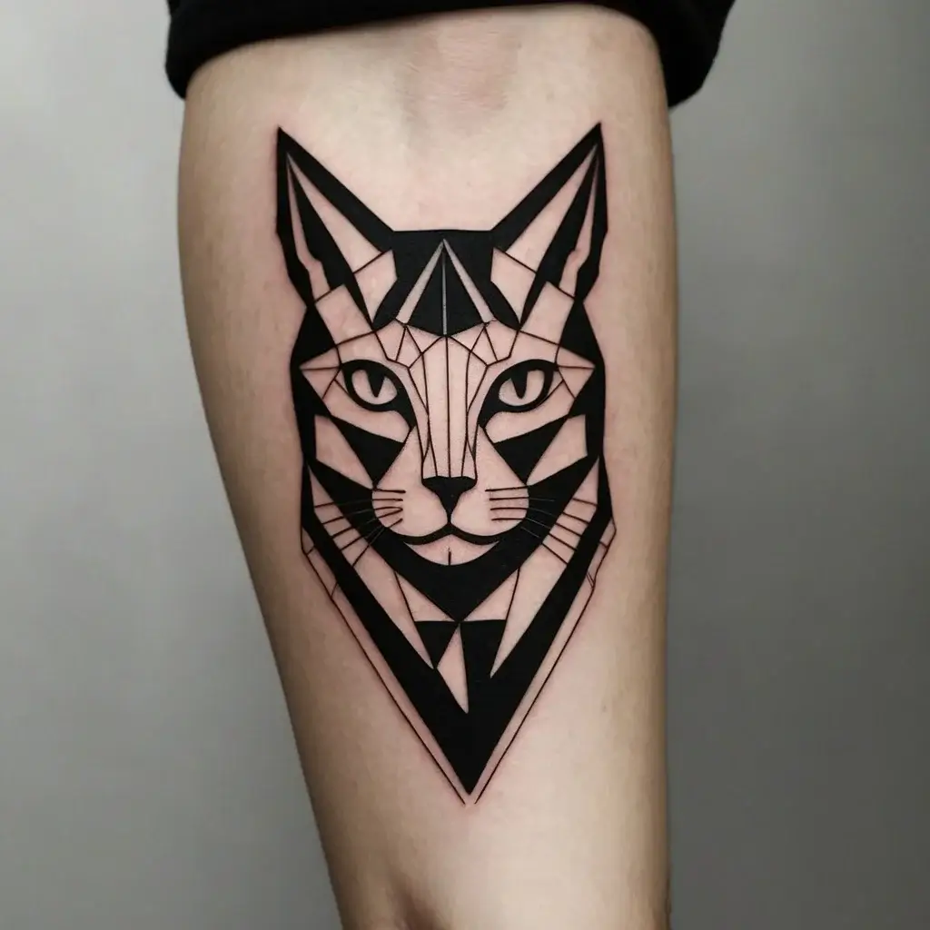 Geometric lynx head tattoo with bold black lines and intricate angular shapes on the forearm.