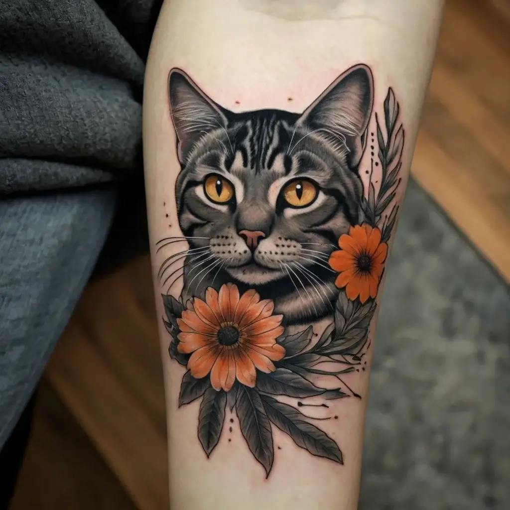 Tattoo of a realistic tabby cat face with striking yellow eyes, accented by vibrant orange flowers and dark leaves.