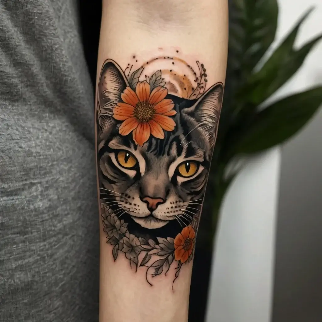 Tattoo of a cat with vivid yellow eyes, adorned with orange flowers and leaves, showcasing a realistic and detailed style.