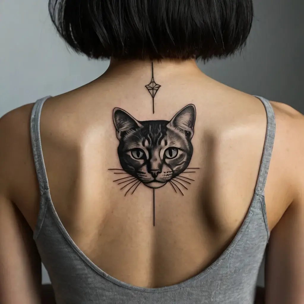 Tattoo of a realistic cat face centered on the upper back, with a geometric line and design extending upward along the spine.