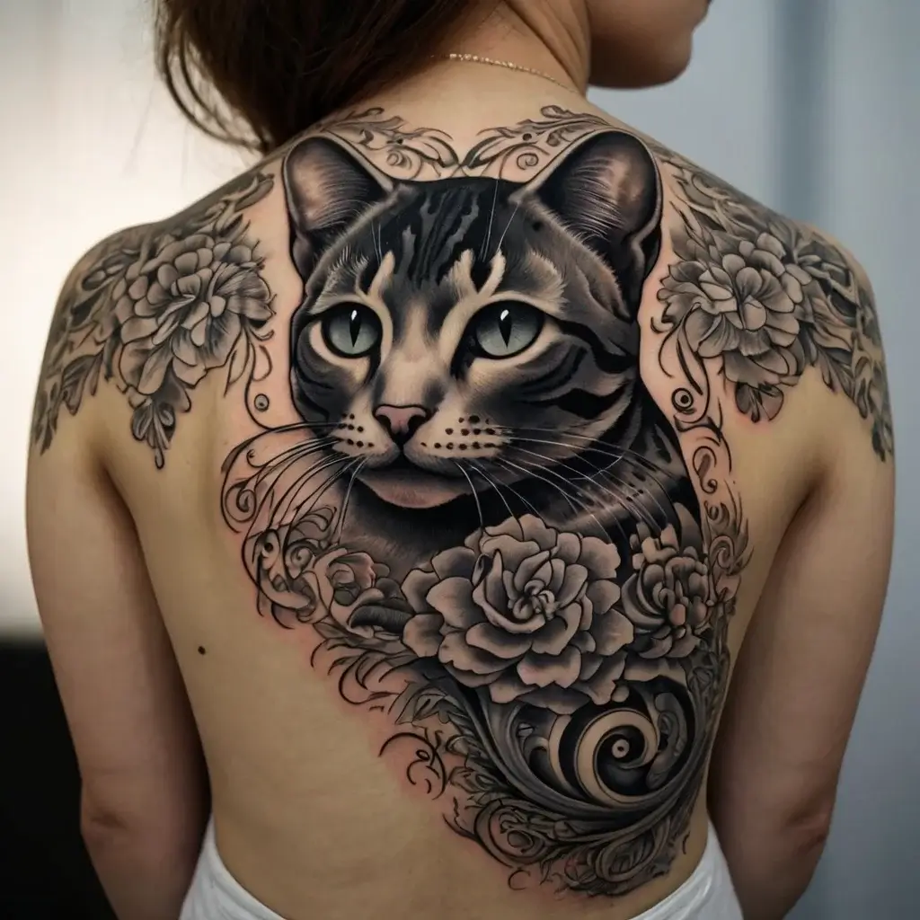 Realistic cat tattoo with detailed floral accents on the back, featuring roses and intricate, swirling patterns.