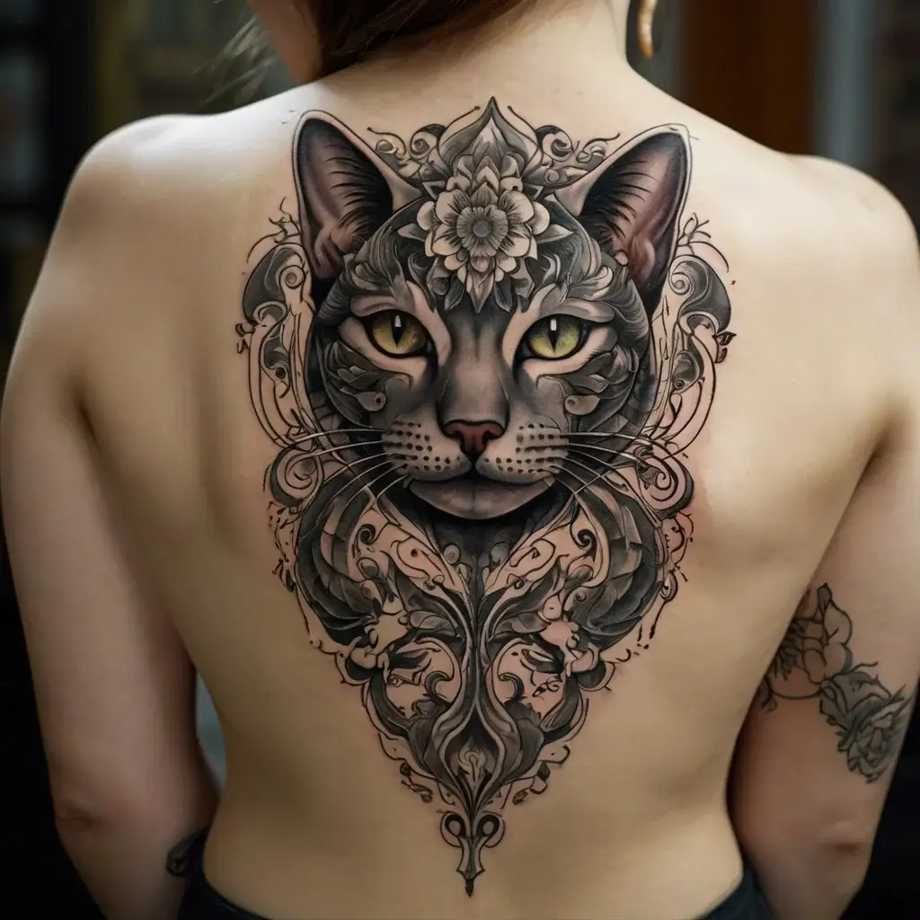 Ornate cat face tattoo with intricate floral and swirling designs, centered on the back, reflecting elegance and mystery.