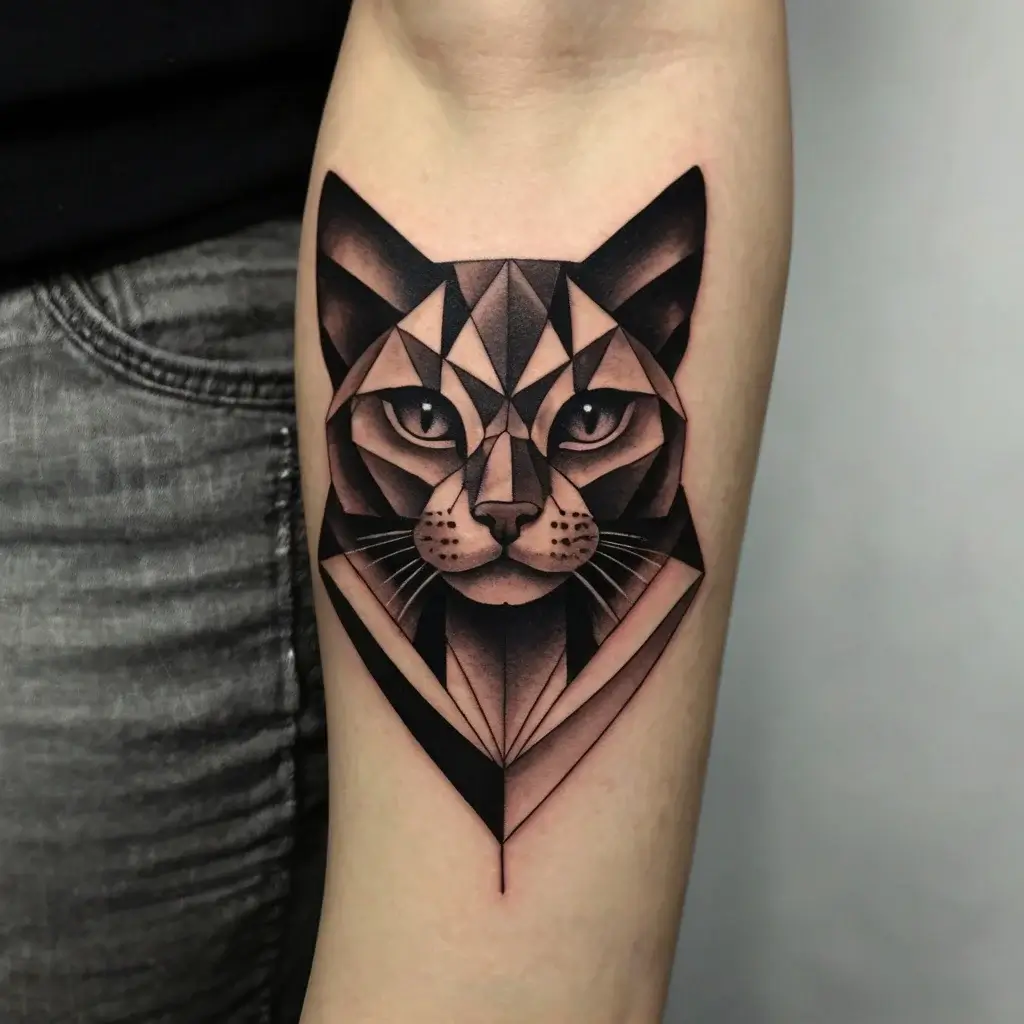 Geometric cat tattoo in black and gray, with sharp, angular shapes forming a symmetrical feline face on forearm.