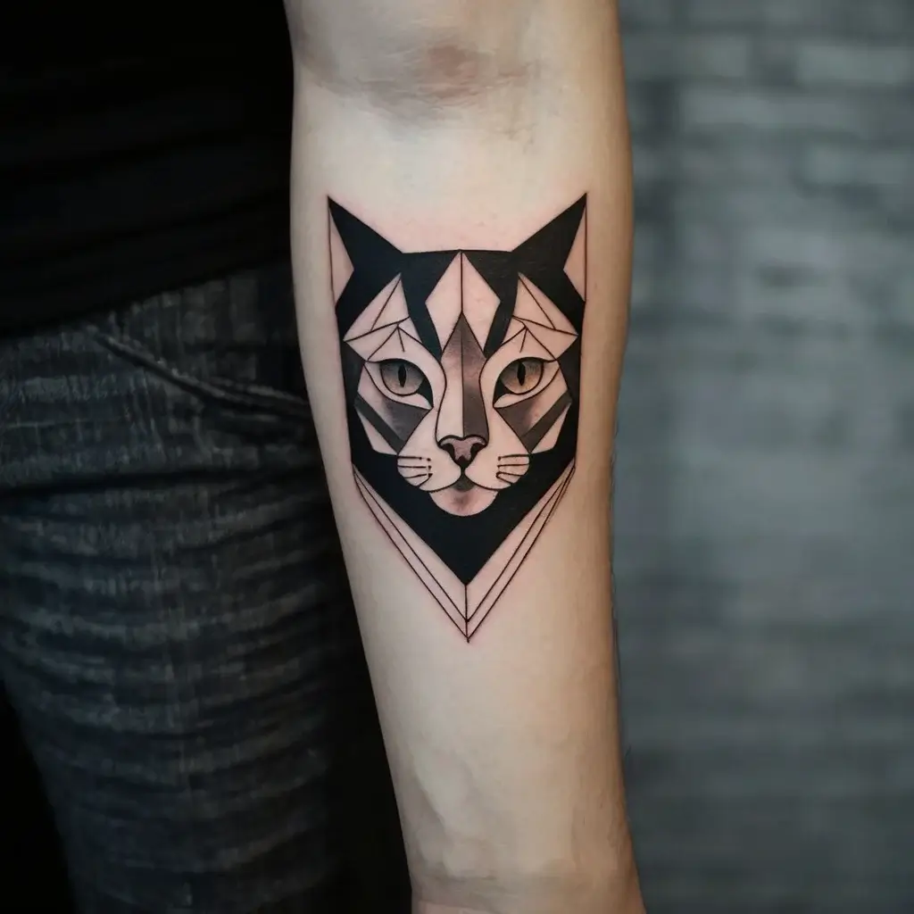 Geometric cat tattoo with bold black lines and shapes forming a stylized feline face on the forearm.