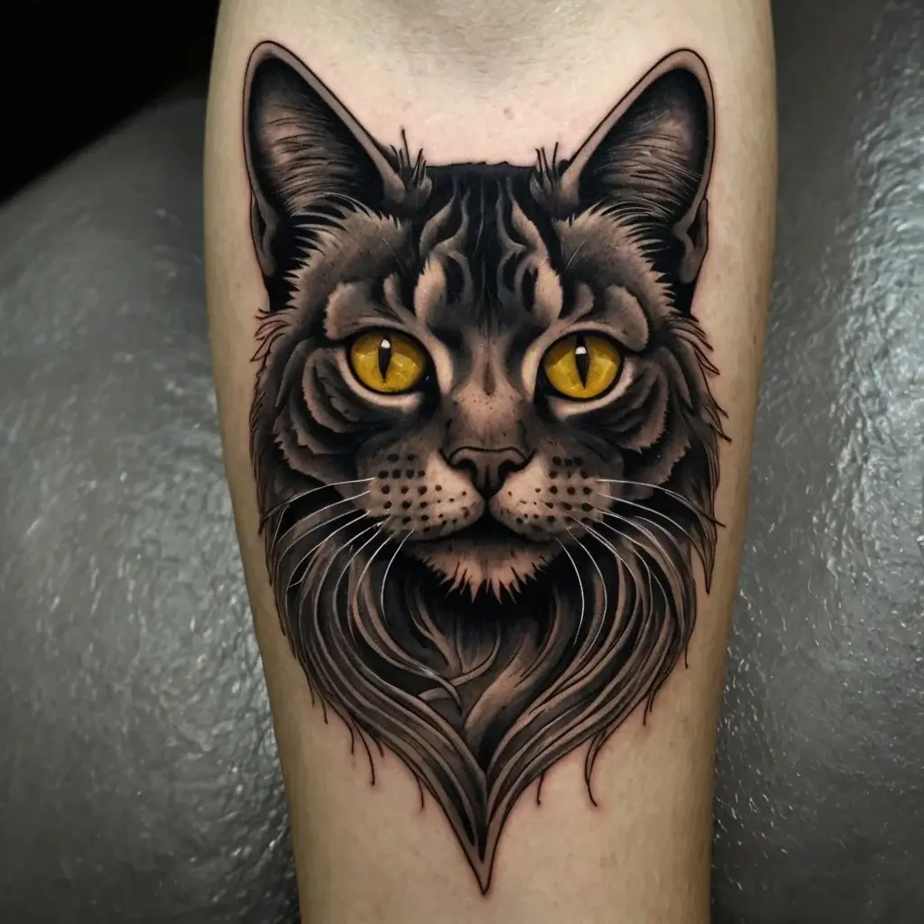 Realistic cat tattoo with vivid yellow eyes, intricate fur details, and bold shading on forearm.