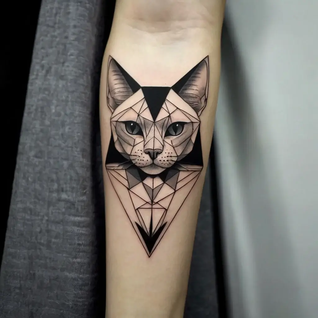 Geometric cat tattoo in black ink, featuring sharp lines and triangular patterns, centered on the forearm.