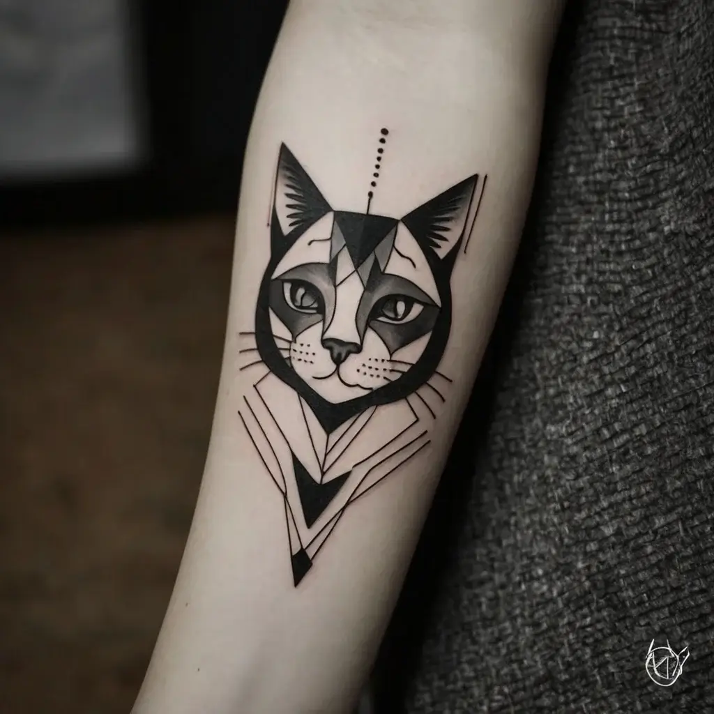 Geometric cat tattoo in black ink with bold lines and shading, featuring triangles and dots for a modern design.