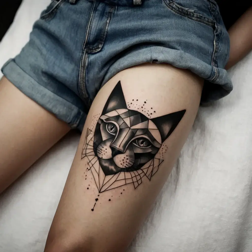 Geometric cat tattoo on thigh, featuring angular shapes, bold lines, and dot accents, blending modern and natural themes.