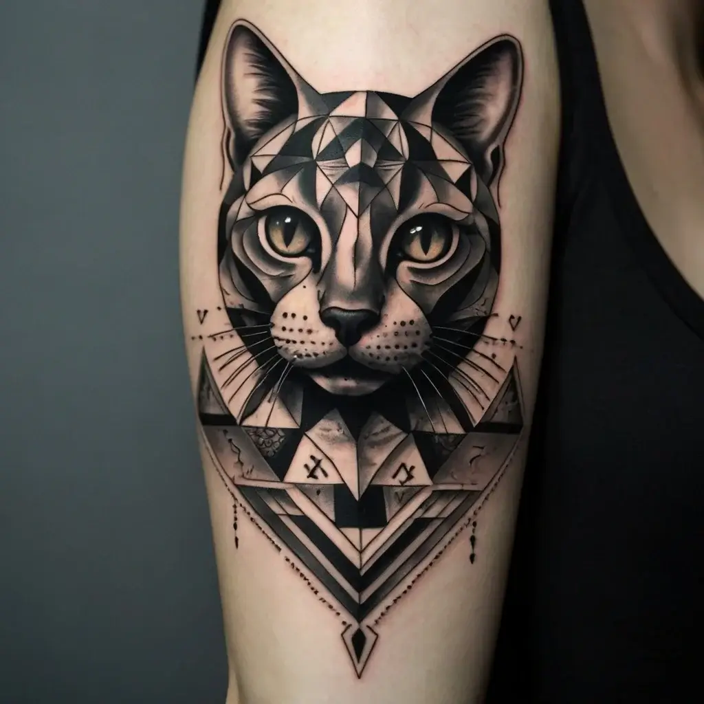 Geometric cat tattoo with intricate black and grey shading, featuring symmetry and abstract patterns on the arm.