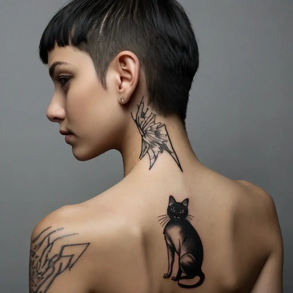 A detailed black cat tattoo sits on the upper back, complemented by a floral geometric design on the neck for contrast.