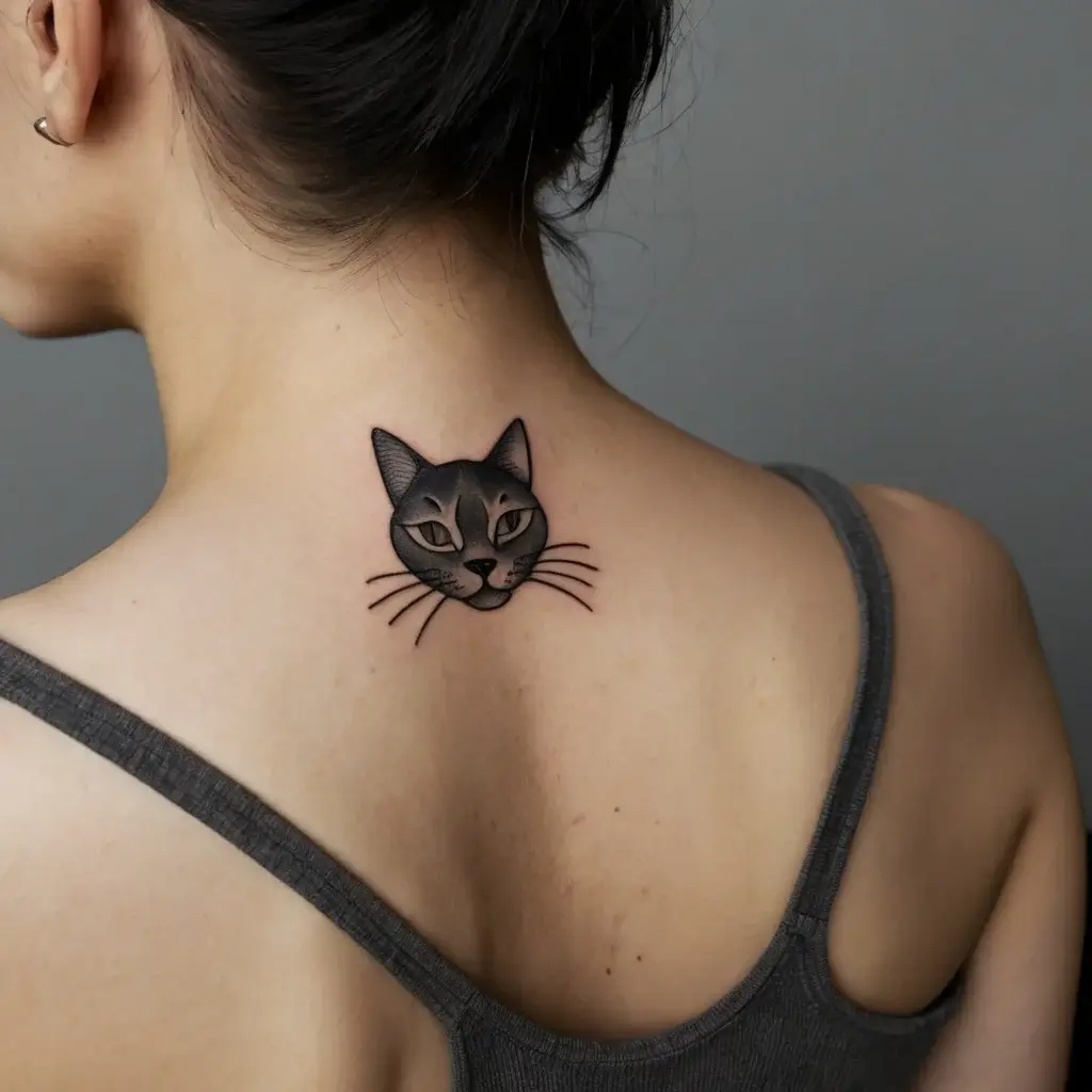 Tattoo of a realistic grey cat face on upper back, with detailed shading and bold black outlines for a lifelike effect.