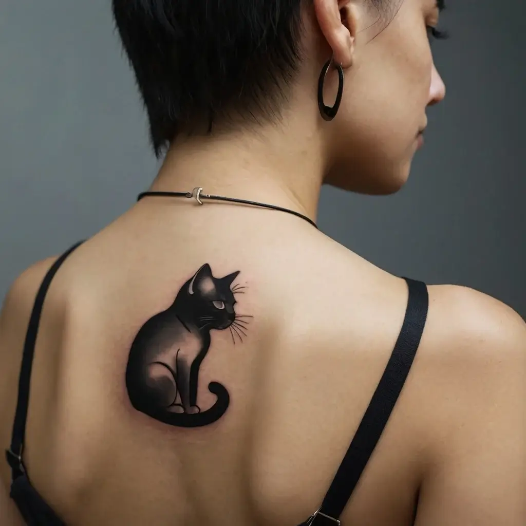 Tattoo of a sleek black cat with subtle shading, sitting elegantly. Located on the upper back, near the shoulder blade.