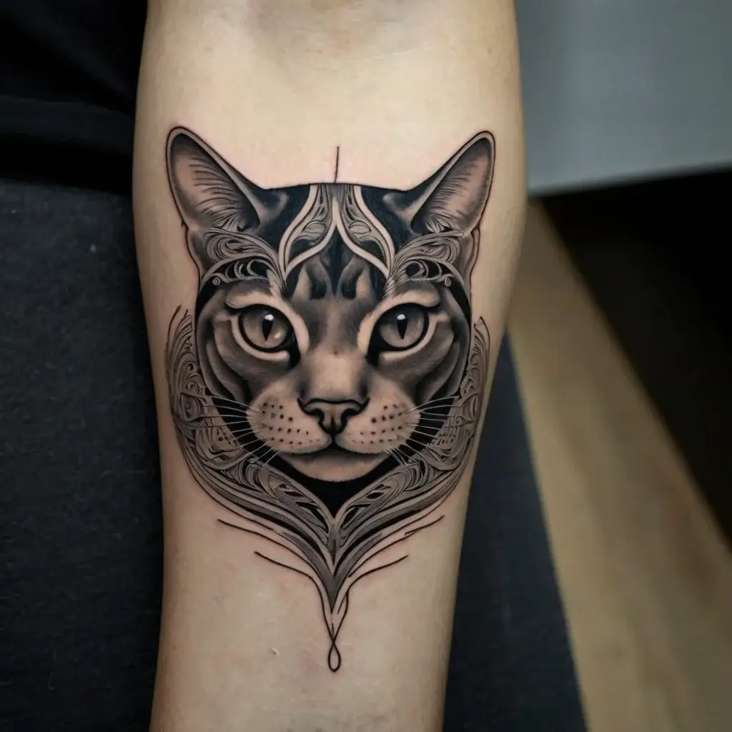 Realistic cat face tattoo with intricate geometric patterns around it, combining natural detail with artistic flair.