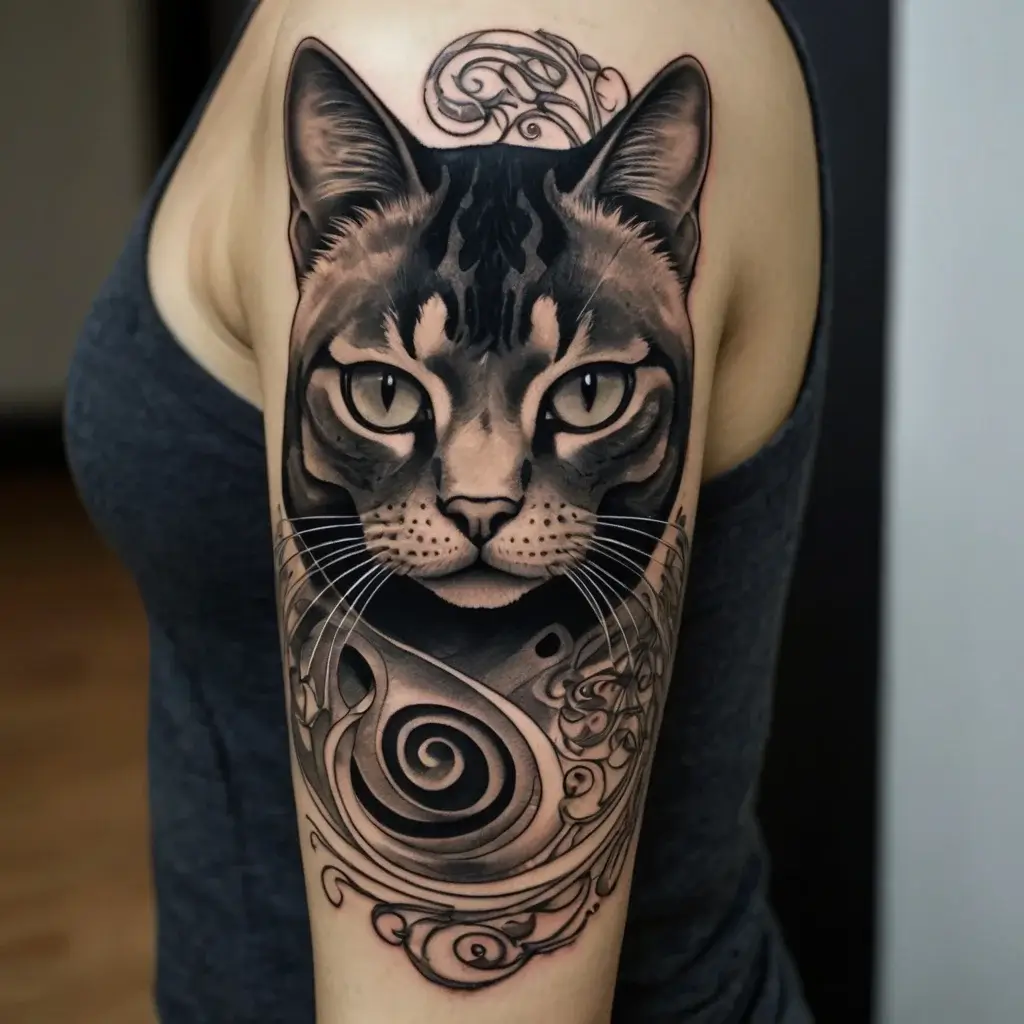 Realistic cat portrait tattoo with intricate shading, surrounded by abstract swirls and spirals on the upper arm.